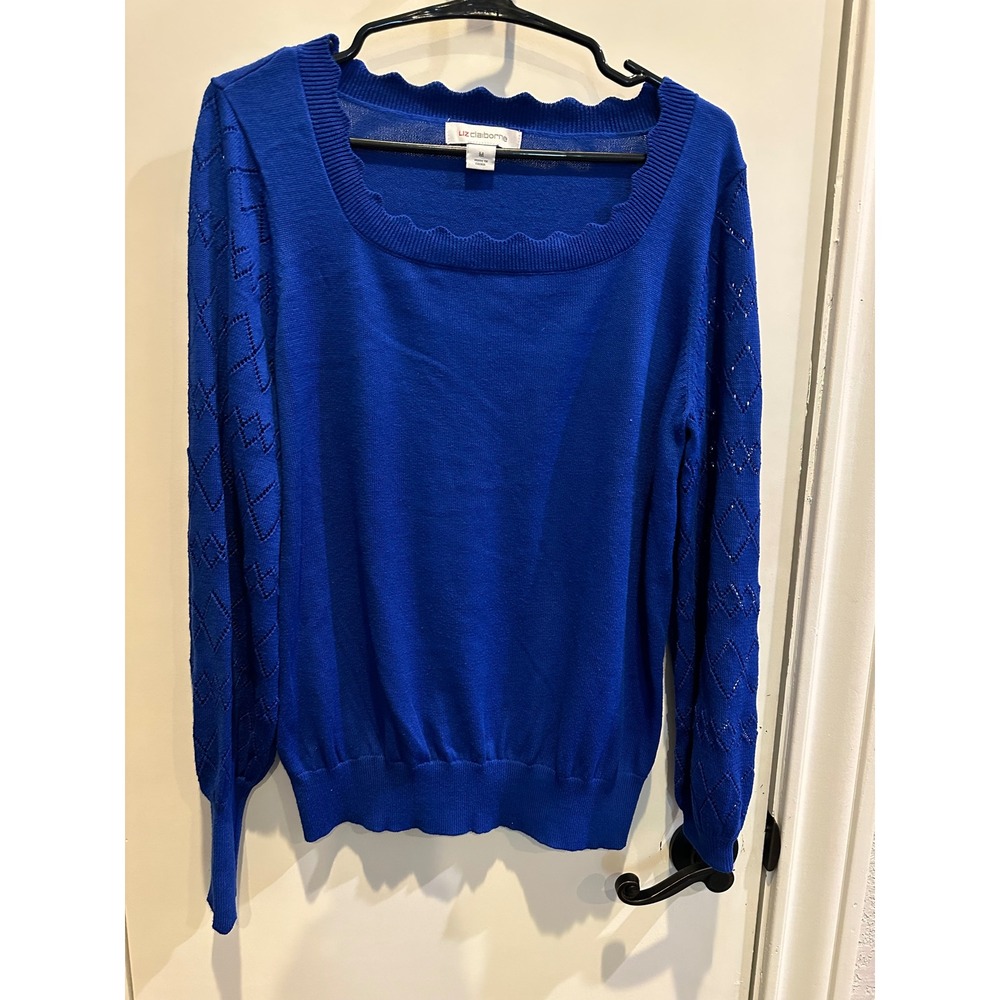 Liz Claiborne Royal Blue Scalloped Neckline Pointelle Sleeve Sweater Womens M